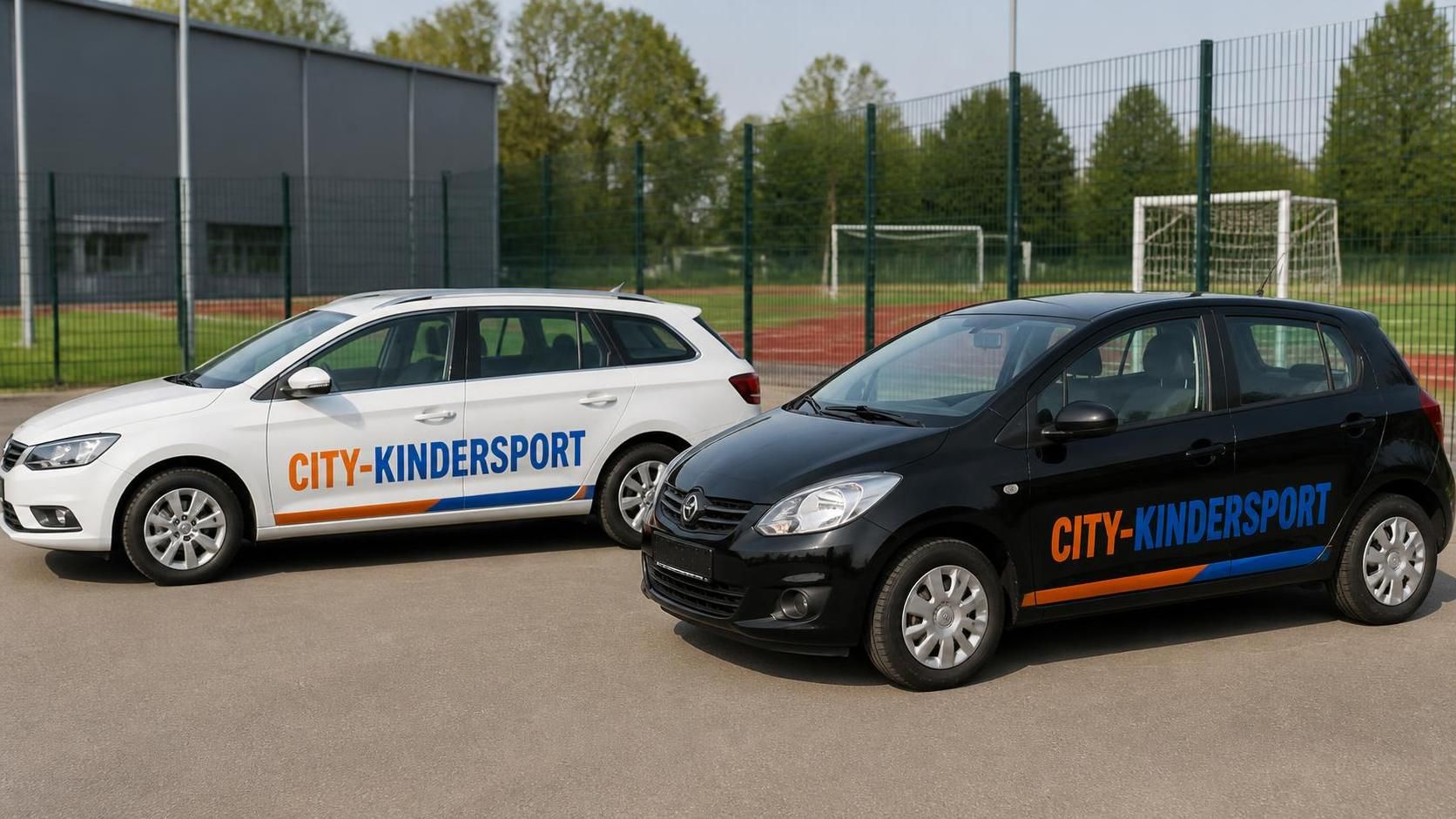 Zwei Fahrzeuge mit abgestimmten Vereinsaufklebern vor einer Sportanlage
